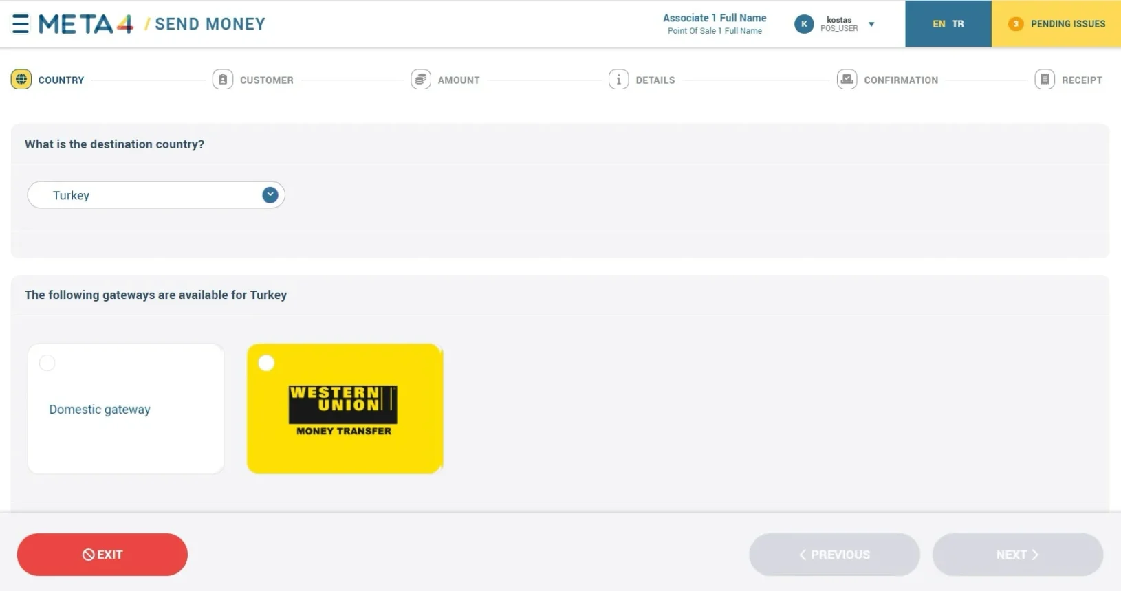 Meta4 Screen: Select Payment Destination Country and Available Gateways