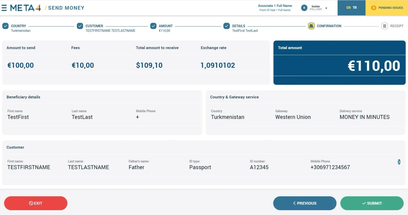 Meta4 Screen: The transaction details aisplayed and confirmed by the customer. The POS user submits the transaction.