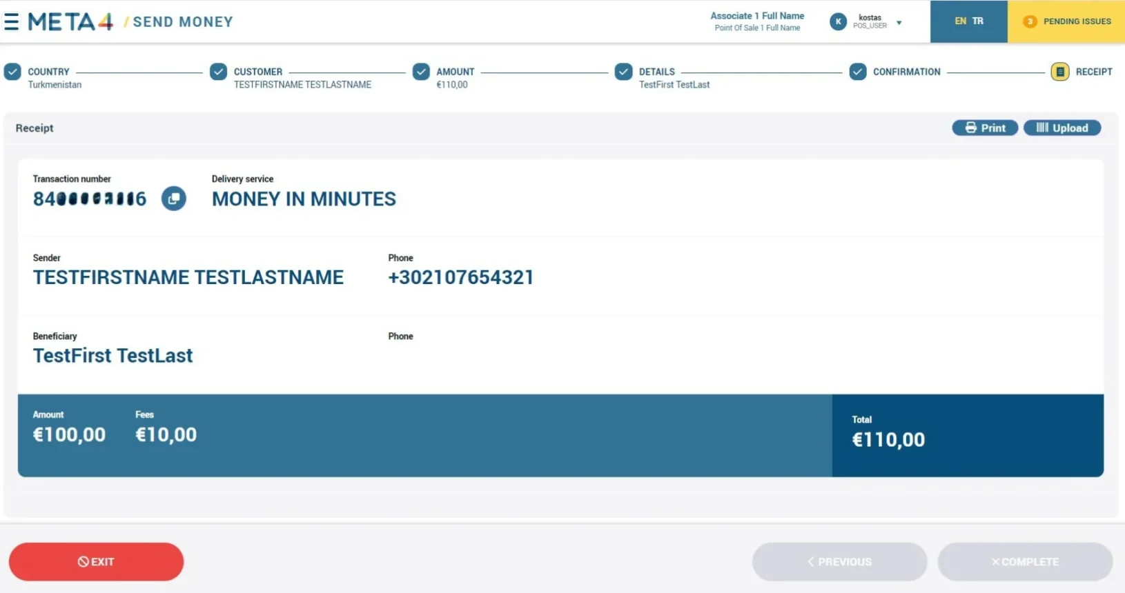 Meta4 Screen: Transaction is finalized and dipslayed n the POS