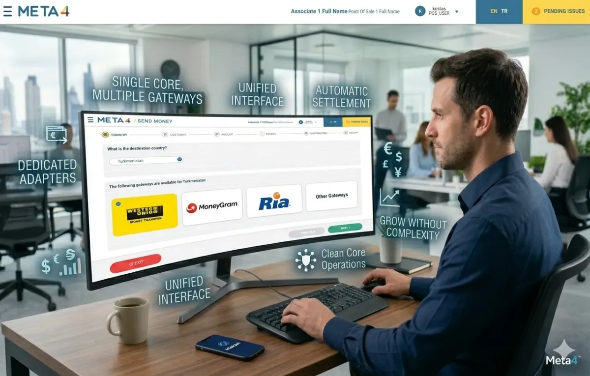 Meta4 multi-operator remittance platform dashboard on a monitor in a corporate office, demonstrating a unified interface for Western Union, MoneyGram, and Ria money transfers with automatic settlement and dedicated gateway adapters.